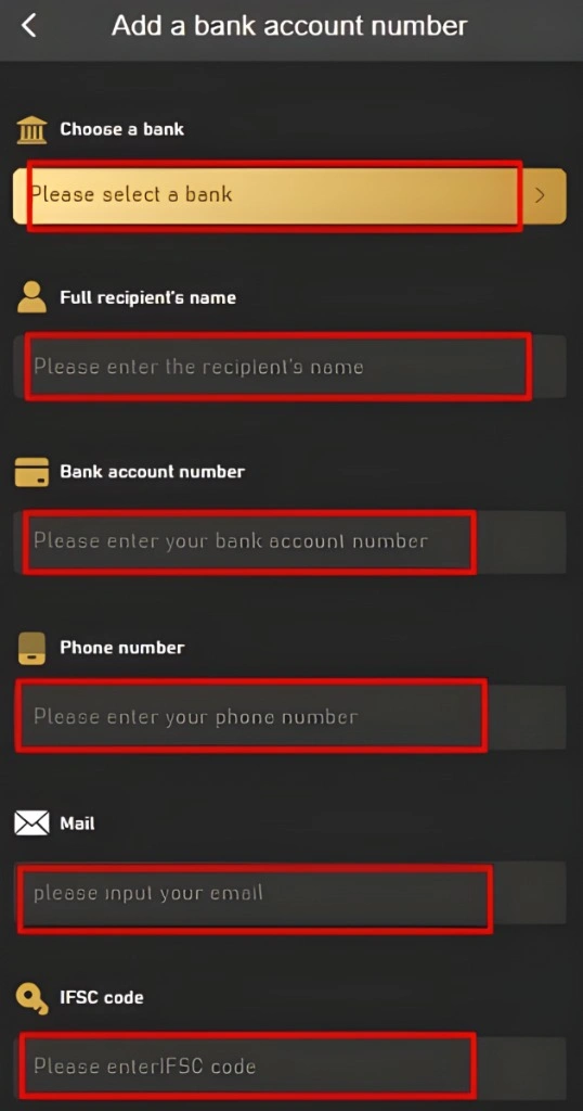 BDG Game Enter Your Bank Details