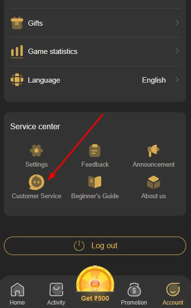 Click Customer Service below Service Centre